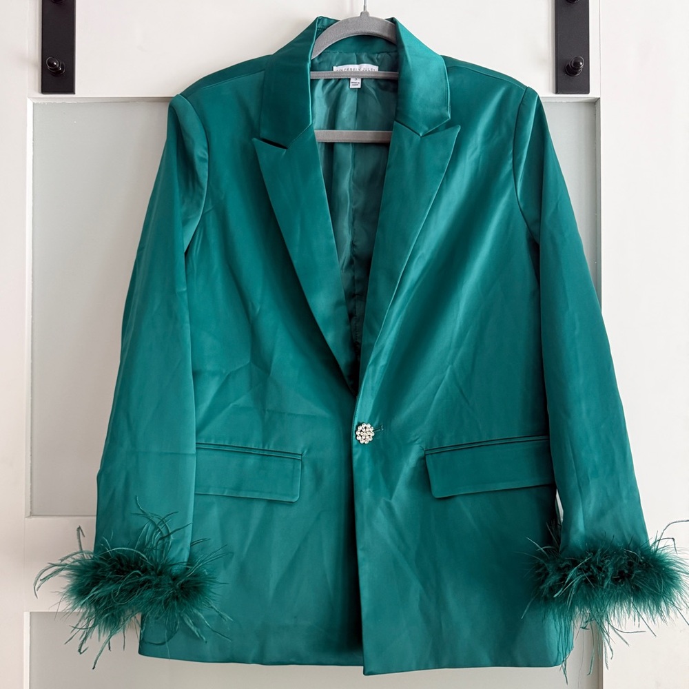 Sincerely Jules Teal Blazer with Feather Cuffs